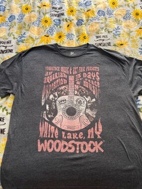 Woodstock Graphic Tee - Charcoal Gray with Pink Print